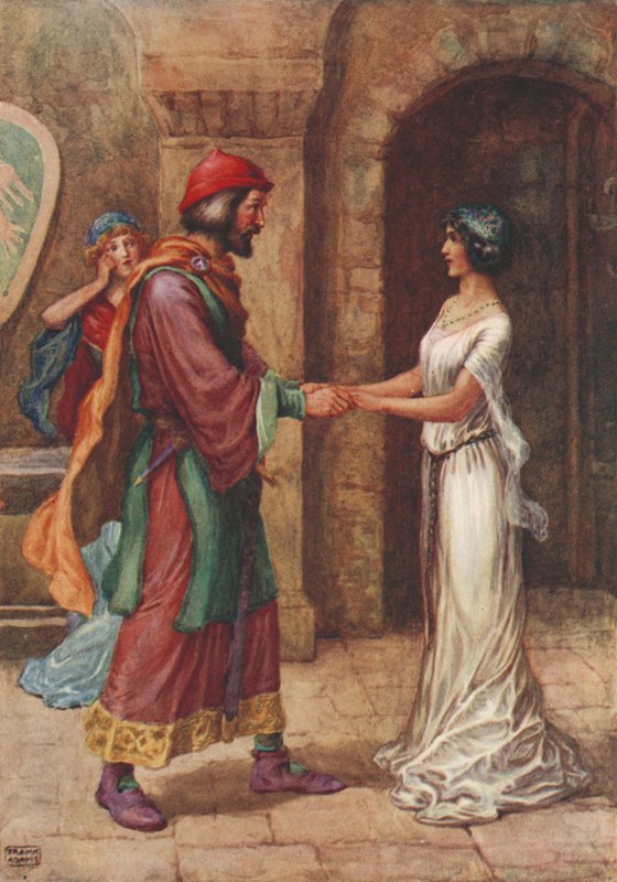 Geraldine and the Baron, fra Christabel av Samuel Taylor Coleridge (farge litho) av Frank Adams