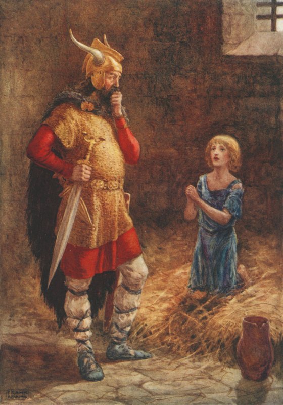 Havelok Begs Mercy of Godard, fra den gamle balladen Havelok the Dane (farge litho) av Frank Adams