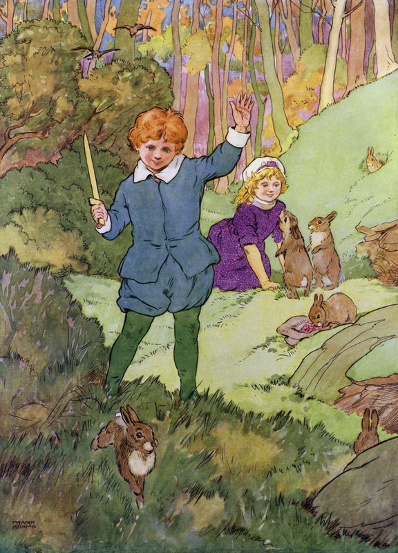Illustrasjon for Babes in the Wood (farge litho) av Frank Adams