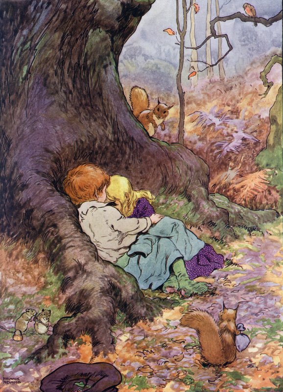 Illustrasjon for Babes in the Wood (farge litho) av Frank Adams
