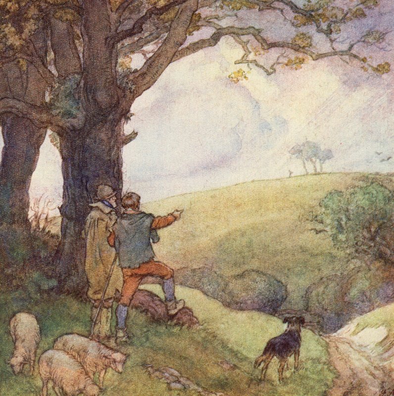 Illustrasjon for The Scholar-Gipsy av Matthew Arnold (farge litho) av Frank Adams