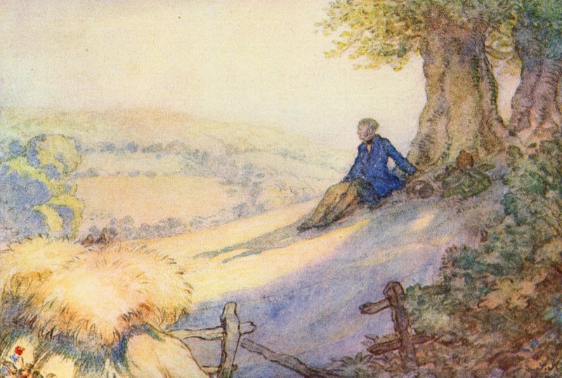 Illustrasjon for The Scholar-Gipsy av Matthew Arnold (farge litho) av Frank Adams