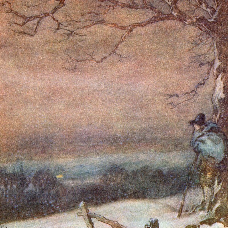Illustrasjon for The Scholar-Gipsy av Matthew Arnold (farge litho) av Frank Adams
