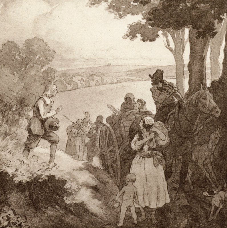 Illustrasjon for The Scholar-Gipsy av Matthew Arnold (farge litho) av Frank Adams