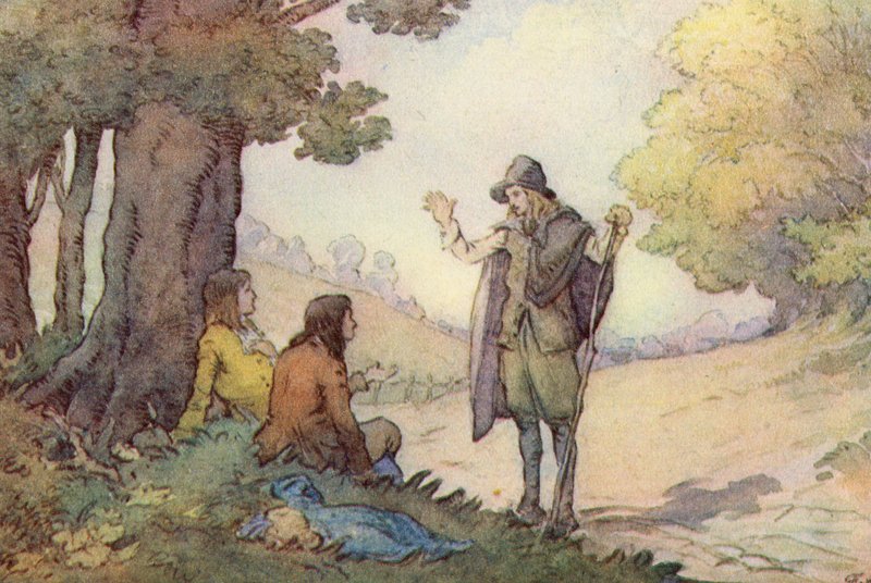 Illustrasjon for The Scholar-Gipsy av Matthew Arnold (farge litho) av Frank Adams