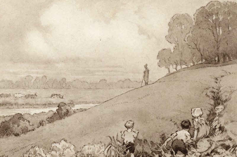 Illustrasjon for The Scholar-Gipsy av Matthew Arnold (farge litho) av Frank Adams