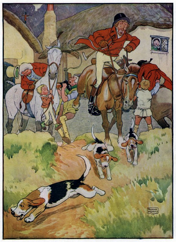 Tre glade jegere (fargelitografi) av Frank Adams