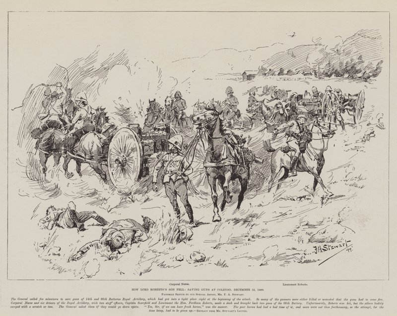 Hvordan Lord Roberts sønn falt og reddet Guns ved Colenso, 15. desember 1899 av Frank Algenon Stewart