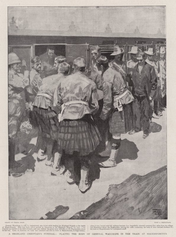 En Highland Chieftain's Funeral, plasserer liket av general Wauchope i toget på Magersfontein av Frank Craig