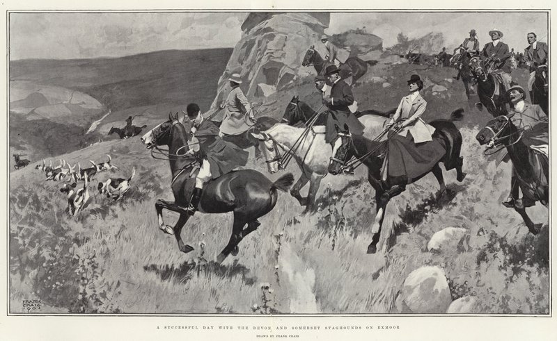 En vellykket dag med Devon og Somerset Staghounds på Exmoor (litho) av Frank Craig