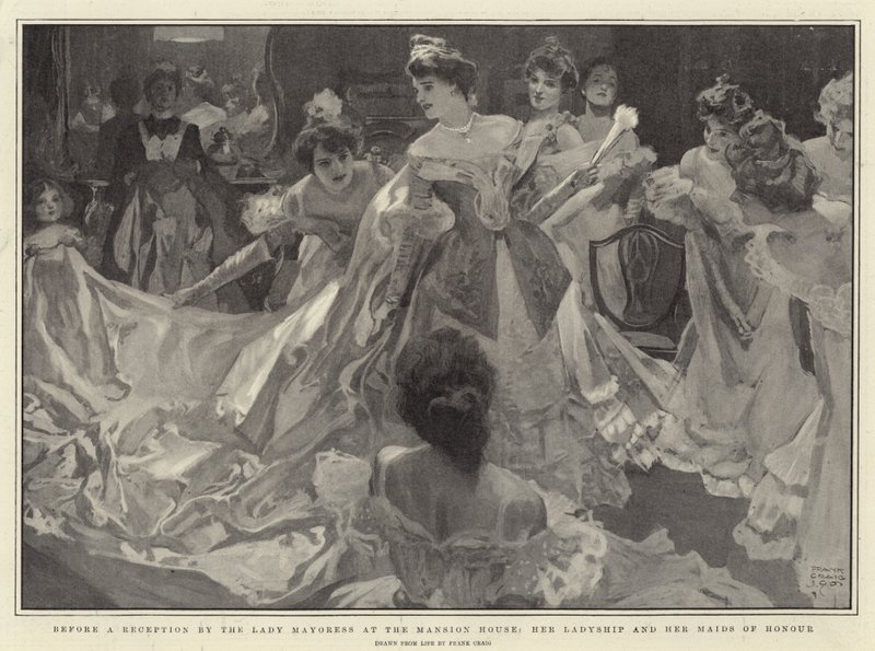 Før en mottakelse av Lady Mayoress i Mansion House, hennes Ladyship og hennes Maids of Honor av Frank Craig