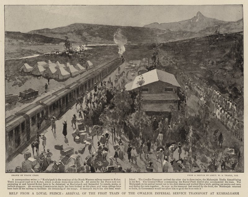Hjelp fra en lojal prins, ankomst av det første toget til Gwalior Imperial Service Transport på Kushalgarh av Frank Craig