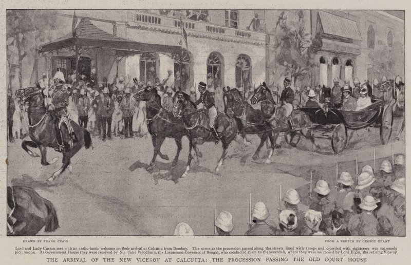 Ankomsten av den nye visekongen til Calcutta, prosesjonen passerer det gamle rettshuset av Frank Craig