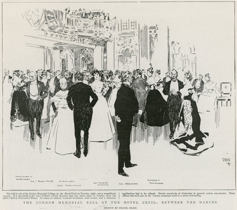 Gordon Memorial Ball på Hotel Cecil, mellom dansene (litho) av Frank Craig
