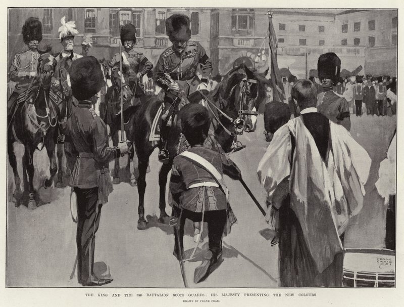 Kongen og 3. bataljon Scots Guards, Hans Majestet presenterer de nye fargene av Frank Craig