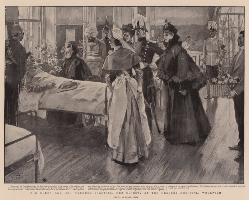 Dronningen og hennes sårede soldater, Hennes Majestet ved Herbert Hospital, Woolwich av Frank Craig