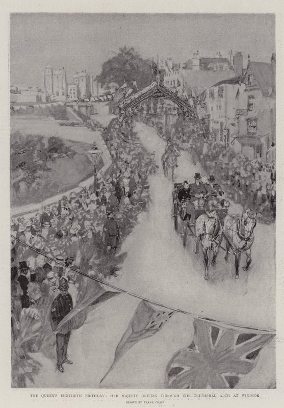 Dronningens åttiende bursdag, Hennes Majestet kjører gjennom triumfbuen i Windsor av Frank Craig