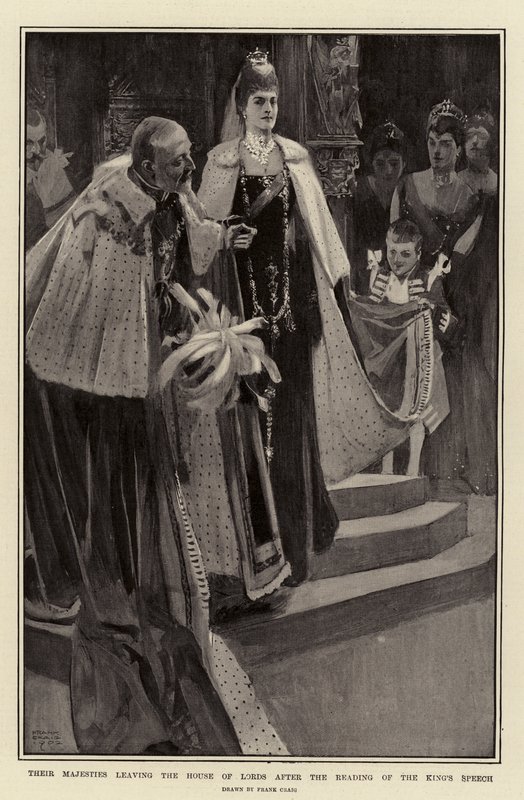 Deres Majesteter forlater House of Lords etter lesningen av kongens tale av Frank Craig
