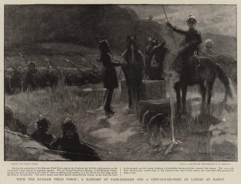 Med Kurram Field Force, en voll av pack-saler og en Chevaux-de-Frise av lanser ved Hangu av Frank Craig