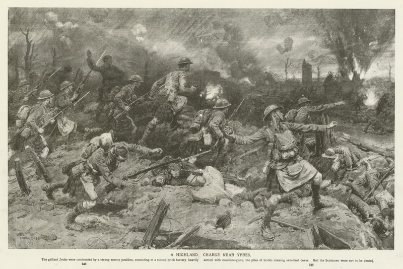 A Highland Charge nær Ypres, første verdenskrig av Frank Dadd