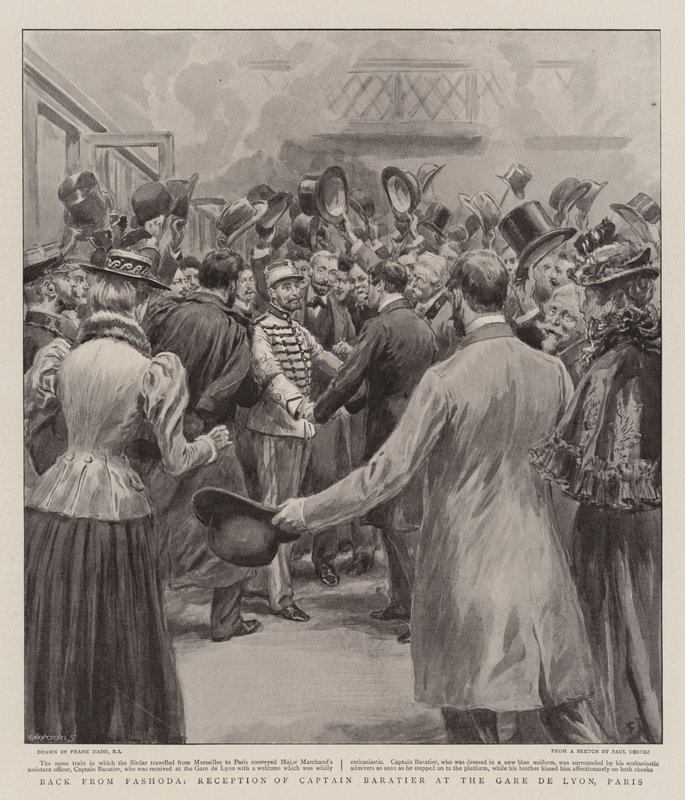 Tilbake fra Fashoda, mottakelse av kaptein Baratier på Gare de Lyon, Paris av Frank Dadd