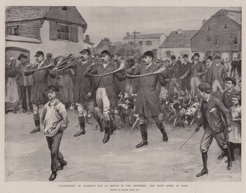 Feirer St Huberts dag på Bievre i Ardennene, jakten går til messe av Frank Dadd