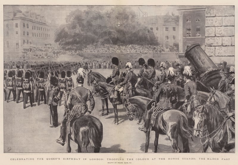 Feirer dronningens bursdag i London, Trooping the Color på Horse Guards, the March Past av Frank Dadd