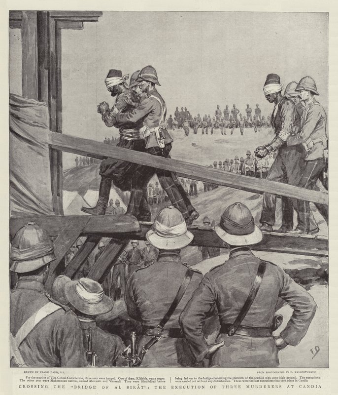 Krysser broen til Al Sirat, henrettelsen av tre mordere ved Candia av Frank Dadd
