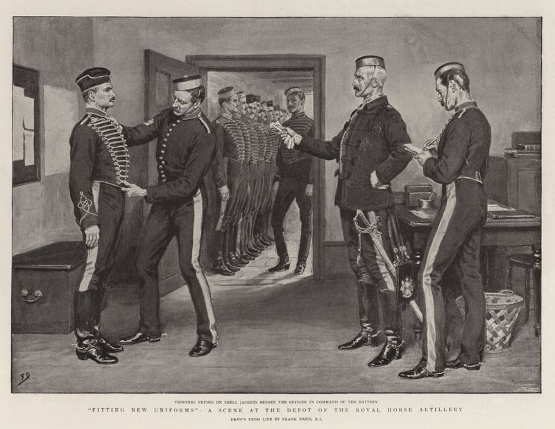 Montering av nye uniformer, en scene ved depotet til Royal Horse Artillery av Frank Dadd