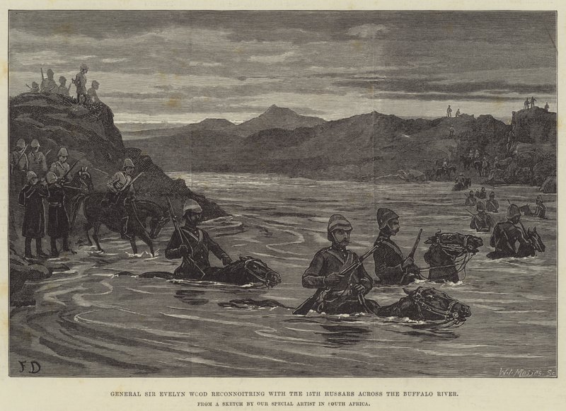 General Sir Evelyn Wood rekognoscerer med de 15. husarene over Buffalo River av Frank Dadd