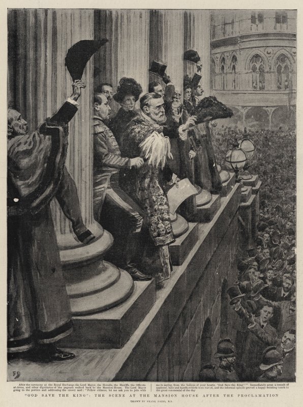 Gud bevare kongen, scenen på herskapshuset etter proklamasjonen av Frank Dadd
