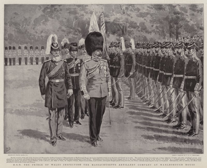 HKH Prinsen av Wales inspiserer Massachusetts Artillery Company ved Marlborough House av Frank Dadd