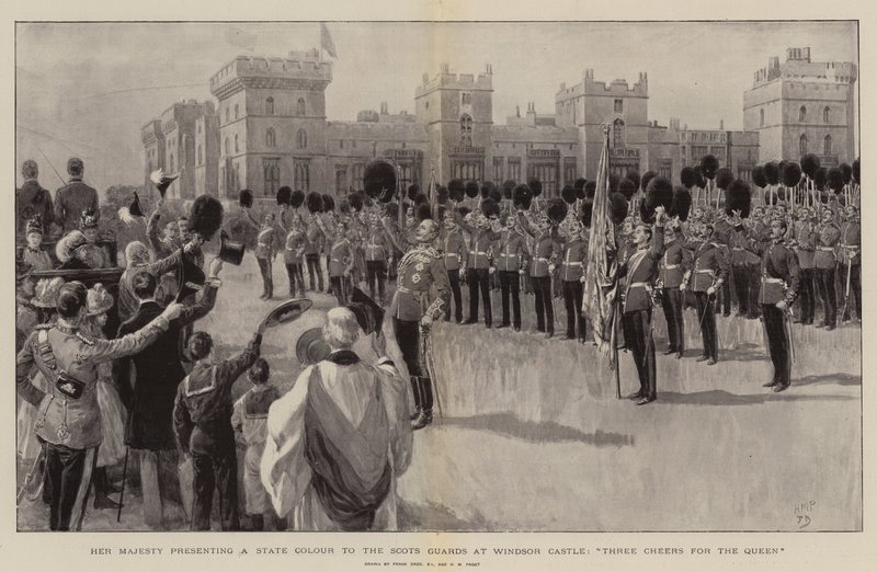 Hennes Majestet presenterer en statsfarge til de skotske vaktene på Windsor Castle, Three Cheers for the Queen av Frank Dadd