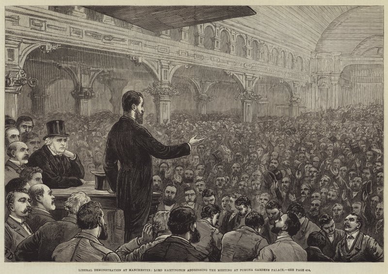 Liberal demonstrasjon i Manchester, Lord Hartington taler for møtet ved Pomona Gardens Palace av Frank Dadd