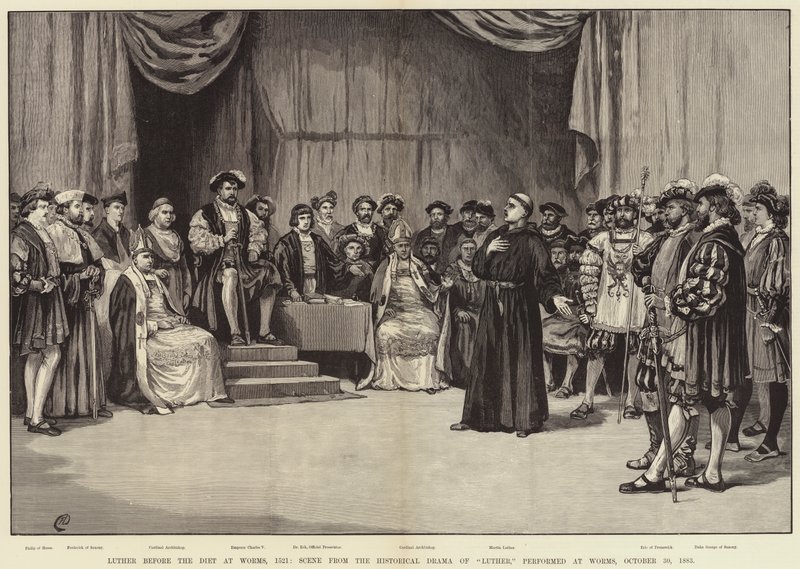 Luther før dietten i Worms, 1521, scene fra Luthers historiske drama, fremført på Worms, 30. oktober 1883 av Frank Dadd