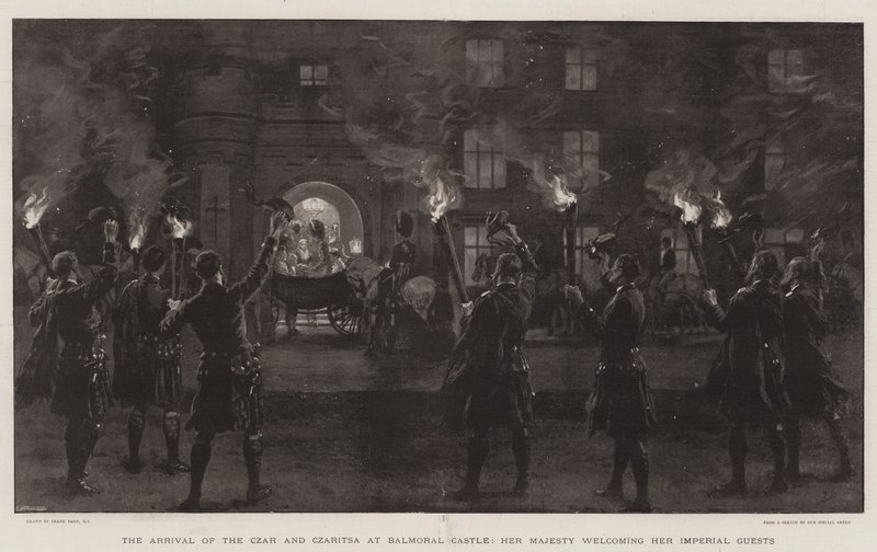 Ankomsten av tsaren og tsaren til Balmoral Castle, Hennes Majestet ønsker sine keiserlige gjester velkommen av Frank Dadd
