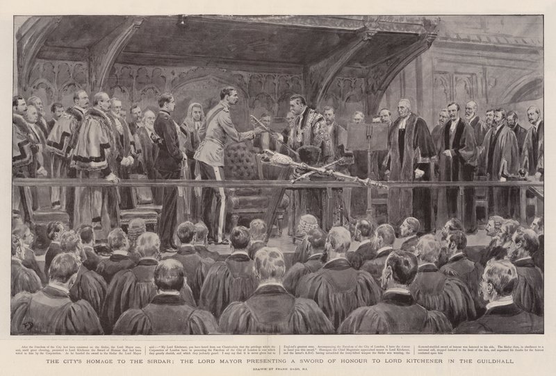 Byens hyllest til Sirdar, Lord Mayor presenterer et æressverd til Lord Kitchener i Guildhall av Frank Dadd