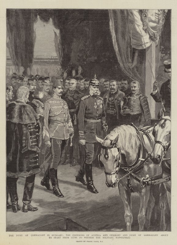 Hertugen av Connaught i Ungarn, keiserne av Østerrike og Tyskland og hertugen av Connaught i ferd med å starte fra Guns for å være vitne til de militære manøvrene av Frank Dadd