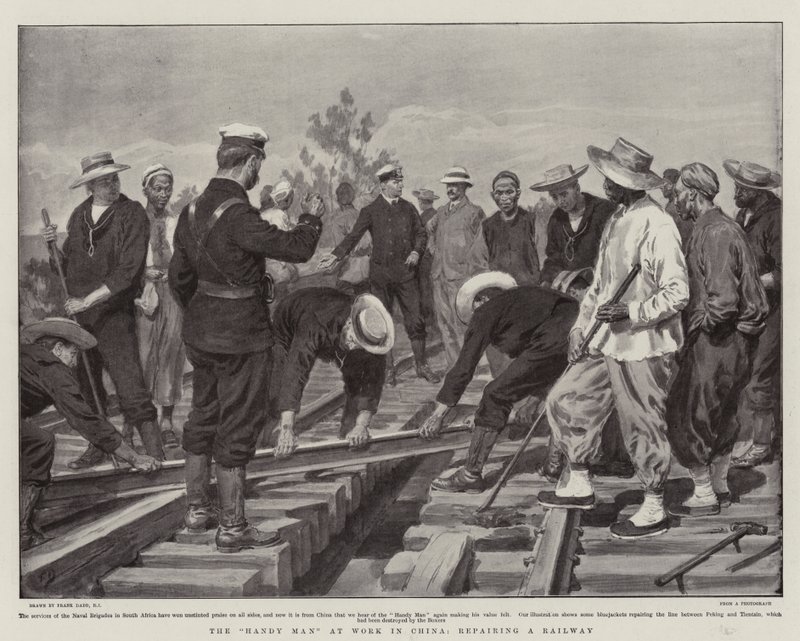 The Handy Man at Work i Kina, reparerer en jernbane av Frank Dadd