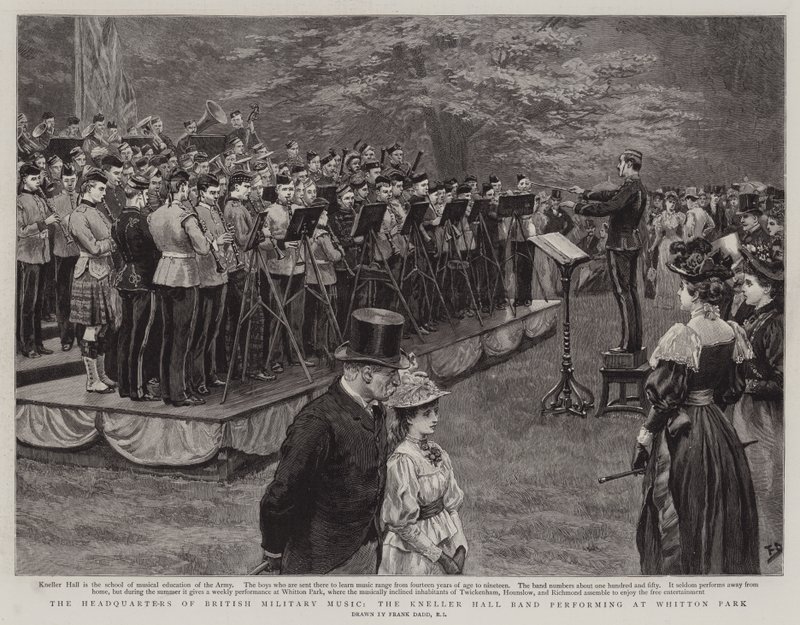 Hovedkvarteret til British Military Music, Kneller Hall Band opptrer på Whitton Park av Frank Dadd