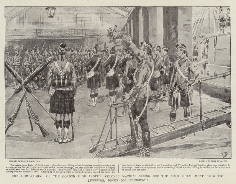 The Home-Coming of the Gordon Highlanders, oberst Mathias ser av den første avdelingen fra Liverpool Docks for Edinburgh av Frank Dadd