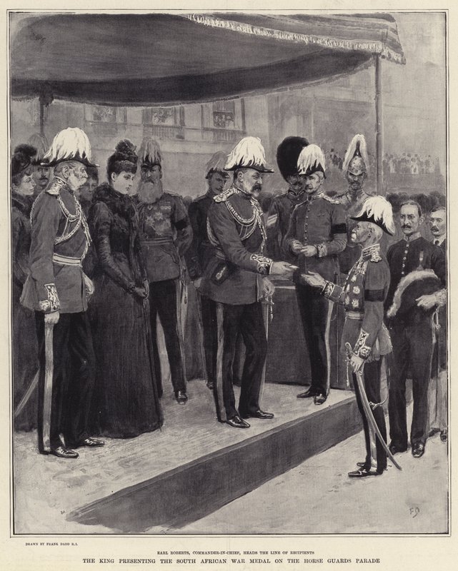 Kongen presenterer den sørafrikanske krigsmedaljen på Horse Guards Parade av Frank Dadd