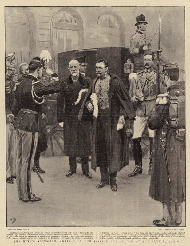 Kongens tiltredelse, ankomst av den spesielle ambassadøren til Elysee, Paris av Frank Dadd