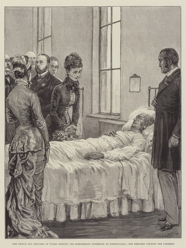 Prinsen og prinsessen av Wales åpner Marylebone Infirmary i Notting-Hill, prinsessen besøker pasientene av Frank Dadd