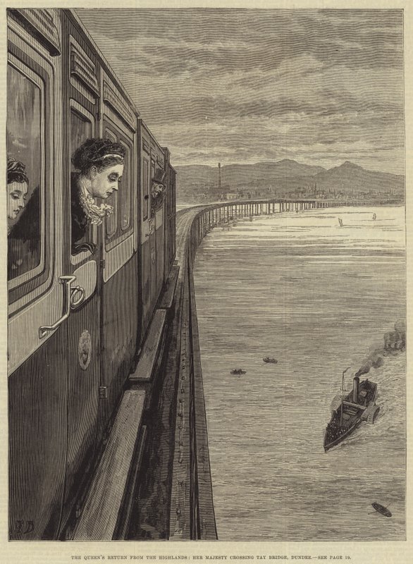 Dronningens retur fra høylandet, Hennes Majestet krysser Tay Bridge, Dundee av Frank Dadd