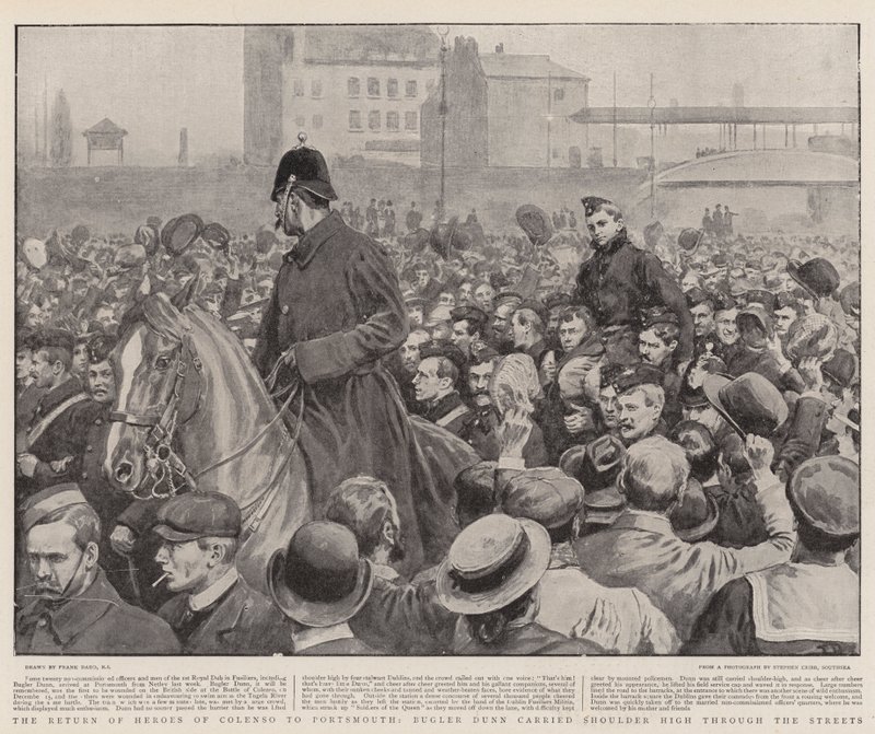 The Return of Heroes of Colenso til Portsmouth, Bugler Dunn bar skulderen høyt gjennom gatene av Frank Dadd