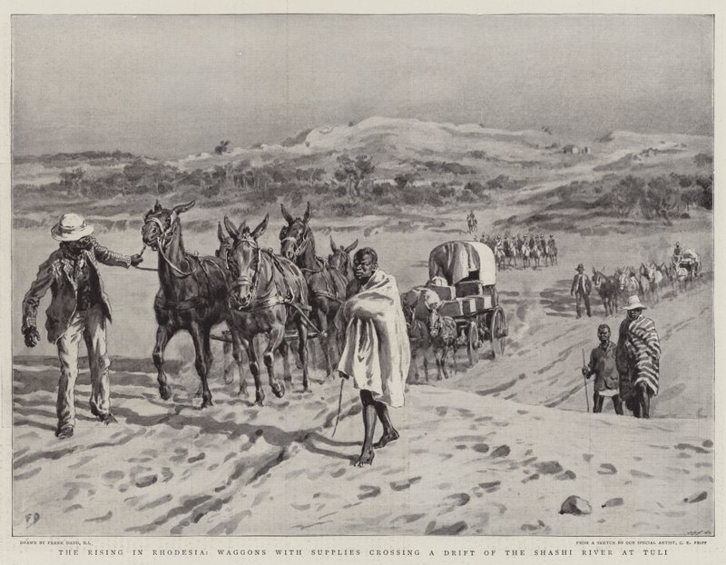 The Rising in Rhodesia, vogner med forsyninger som krysser en drift av Shashi-elven ved Tuli av Frank Dadd