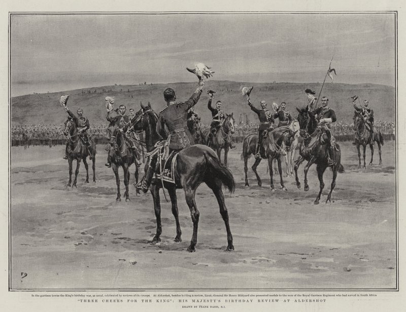 Tre jubel for kongen, Hans Majestets bursdagsanmeldelse på Aldershot av Frank Dadd