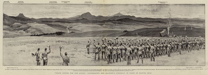 Tre hurra for dronningen, feirer Hennes Majestets bursdag i synet av Majuba Hill av Frank Dadd