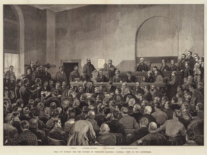 Rettssak mot Guiteau for drapet på president Garfield, generelt syn på rettssalen av Frank Dadd